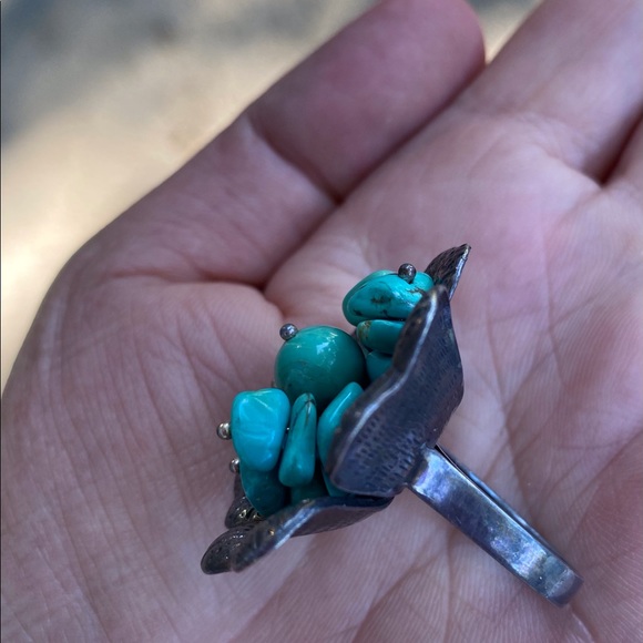 Funky Boho Western Vintage Large Ring Flower Turquoise Silver 925 Sz 7 - Picture 2 of 10